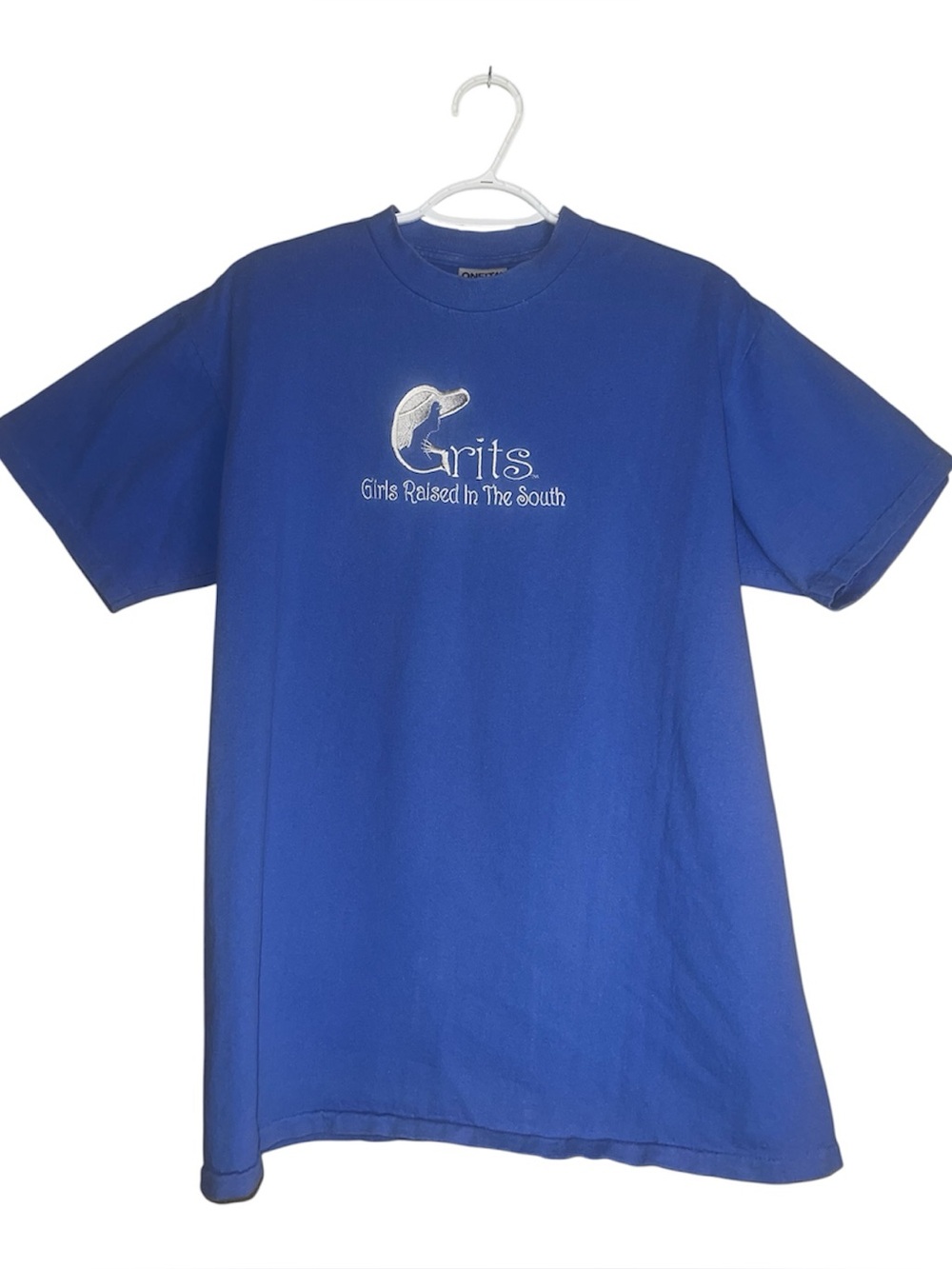 Vintage Oneida Blue Embroidered Grits Short Sleeve T-Shirt Sz L